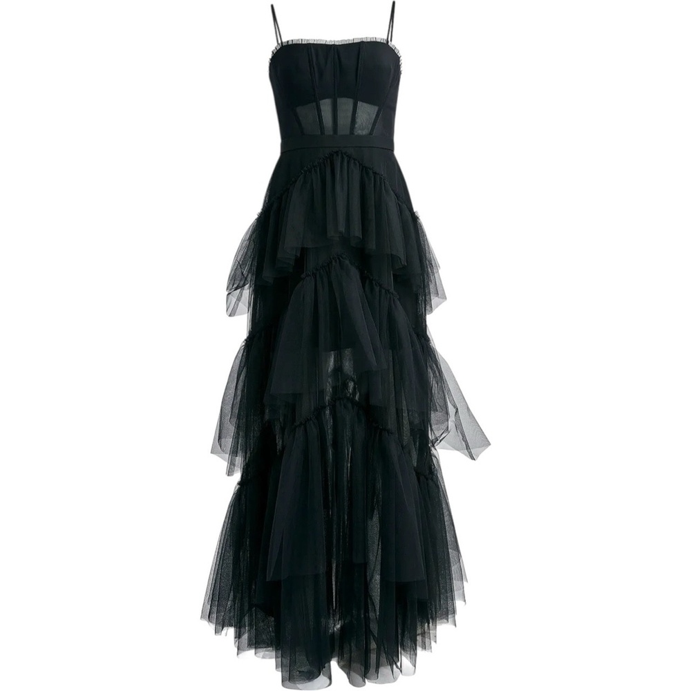 BCBGMAXAZRIA Sheer Tiered Ruffle Gown Black Tulle Dress sz 2 Mesh Corset Formal - Picture 2 of 12